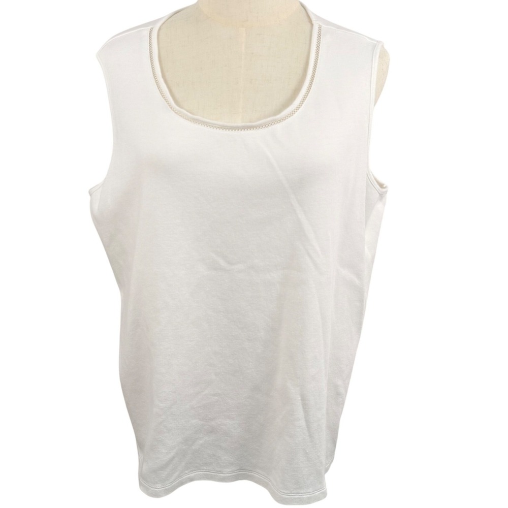 Coral Bay White Cotton Sleeveless Tank Top 1X Scoop Neck Lattice Trim Minimalist